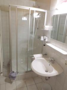 een witte badkamer met een douche en een wastafel bij Lindenhof Inzell - FeWo mit Chiemgaukarte in Inzell