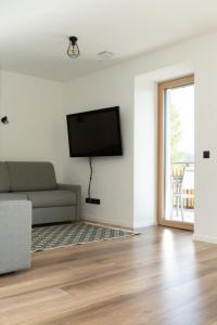 a living room with a couch and a television on a wall at Alone in Chalet with view on Dolomites in Villandro