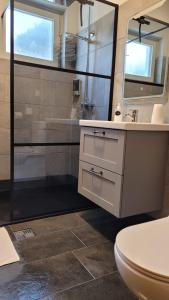 een badkamer met een douche, een wastafel en een toilet bij Pension Leano in Nötsch