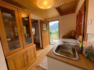 a kitchen with a sink and a counter at Chalet Hike&Bike above Bohinj valley in Bohinj