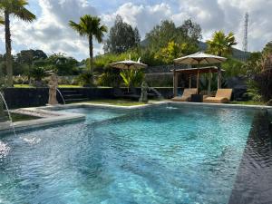 a pool with chairs and umbrellas in a yard at The Lava Bali Villa and Hot Spring in Kintamani