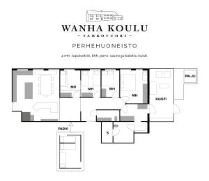 un plano del suelo de la sinagoga walma koukaki en Large Family Apartment UNELMA - Tahko, Palju, BBQ, Sauna, WiFI, PetsOK, Budget, Wanha Koulu Tahkovuori, en Reittiö
