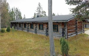 a log cabin with a black roof in a field at Kuukkeli Log Houses Porakka Inn in Saariselka