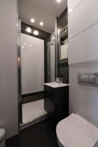 La salle de bains est pourvue de toilettes, d'un lavabo et d'un miroir. dans l'établissement Kwiatowa Warsaw Apartment, à Varsovie