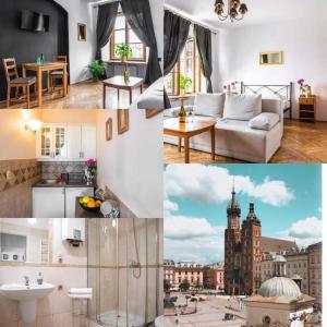 un collage de photos d'un salon et d'une ville dans l'établissement Main Square 18 view 1, à Cracovie
