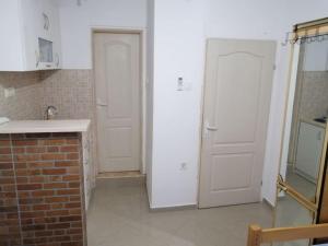 a kitchen with two white doors and a brick wall at Perfect Place 2 - Djenovici in Đenovići