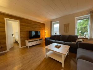 a living room with a couch and a tv at Ferienwohnung Clyde in Sankt Andreasberg