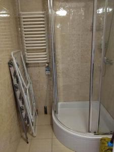 La salle de bains est pourvue d'une douche avec une porte en verre. dans l'établissement Noclegi u Gosi, à Jelenia Góra