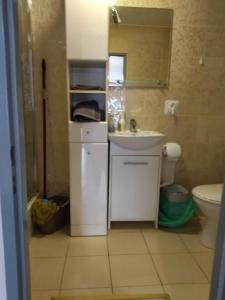 La petite salle de bains est pourvue d'un lavabo et de toilettes. dans l'établissement Noclegi u Gosi, à Jelenia Góra