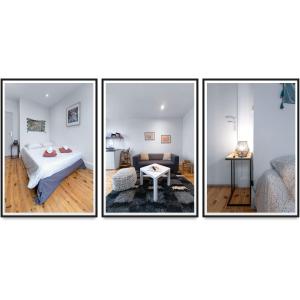three pictures of a bedroom and a living room at Résidence Celestins - Appartements centre avec parking in Vichy