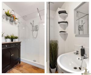 two pictures of a bathroom with a sink and a shower at 3A St Anne's Well Brewery City Centre, Parking in Exeter