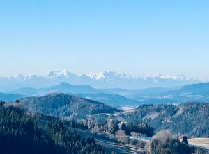 a view of a valley with snow capped mountains at Forellenwirt Bacher in Kirchberg