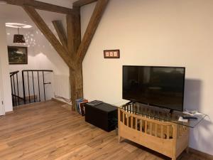 a living room with a flat screen tv and a tree at Im Allgäuer Bauernstall in Nesselwang