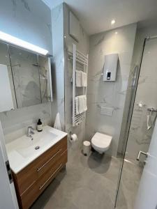 La salle de bains est pourvue d'un lavabo, de toilettes et d'une douche. dans l'établissement Ferienwohnung Freude am Kurpark, à Bad Neuenahr-Ahrweiler