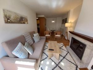 Una sala de estar con un sofá y una chimenea. en BPIRINEOS-Parque Los Tilos 3, en Benasque