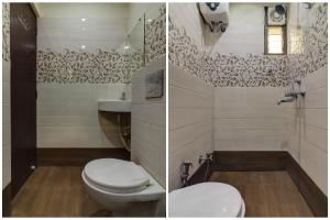 2 immagini di un bagno con servizi igienici e lavandino di OYO Hotel Satguru a Jamshedpur