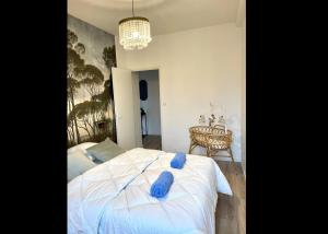 Un dormitorio con una cama con almohadas azules. en Le Henry au coeur de la vieille ville, en Boulogne-sur-Mer