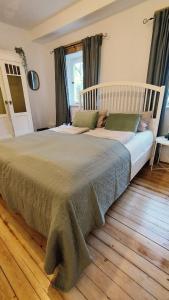 1 dormitorio con 1 cama grande y suelo de madera en Seenswert - Vegane Pension und Ferienwohnungen am Ammersee, en Pähl