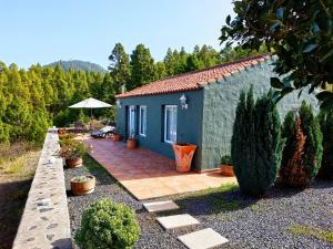 een klein blauw huis met een patio in een tuin bij El Topo in Puntagorda