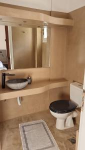 a bathroom with a black toilet and a sink at Panorama in Armenistis