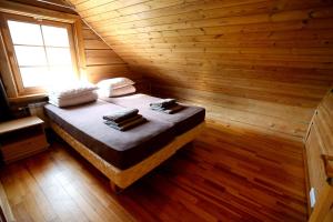 1 dormitorio con 1 cama en una cabaña de madera en Sodyba šeimai "Obuolių namai", en Gaylyunay