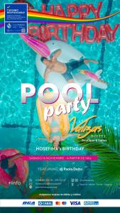 un folleto para una fiesta con una persona en una piscina en Valizas Hostel, en Barra de Valizas