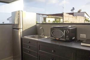 - un four micro-ondes installé sur un comptoir de cuisine à côté d'un évier dans l'établissement AmazINN Places Private Rooftop and Jacuzzi IX, à Panama City