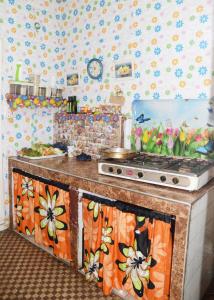 cocina con fogones y pared de flores en Tetouan house, en Tetuán
