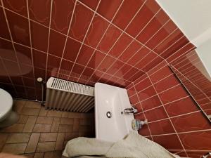 a bathroom with a toilet in a red tiled wall at Muttis Apartment in Mönchengladbach