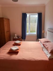 a bedroom with a bed with blue curtains and a window at Glenarroch & Witchwood in Kyleakin