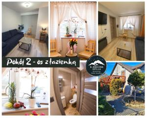 a collage of photos of a living room and a kitchen at Słoneczna Idylla - Nad Zalewem koło Karpacza w Karkonoszach in Podgórzyn