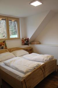 two beds in a room with two windows at Waldhof in Villach