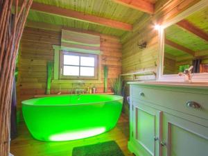 a green tub in a wooden bathroom with a window at Charming chalet in Durbuy near adventure valley in Durbuy