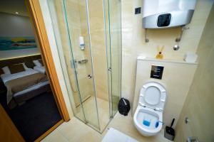 a small bathroom with a toilet and a shower at Apartman Milinović Zlatibor - Hotel Alibi in Zlatibor