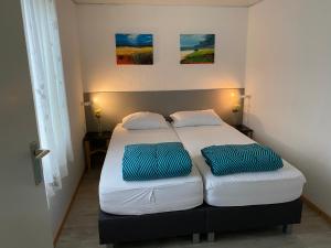 1 dormitorio con 2 camas y almohadas azules y blancas en Kustverhuur, Park Schoneveld, Duinroos 165, en Breskens