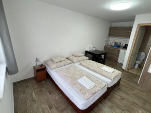 um pequeno quarto com 2 camas e uma cozinha em Freedom Apartman em Mórahalom
