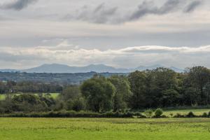 a field with trees and mountains in the distance at Clai Cerrig in Llangefni