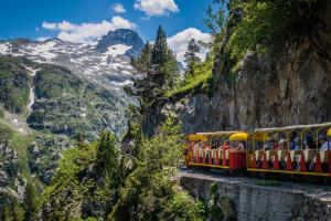 a red and yellow train traveling through the mountains at Hotel Richelieu in Eaux-Bonnes