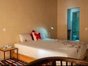 een slaapkamer met een groot bed met kussens erop bij Tigmi Anis in Essaouira