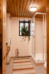 a large bathroom with a shower and a window at Moosbacher-Hütte in Aichberg