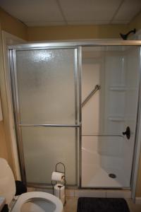 een badkamer met een douche en een toilet bij Luxury Home Stay in Loganville