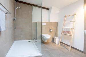 a bathroom with a shower and a toilet at smør I Skandi-Style im Speicher I 1 Min zum Hafen in Husum