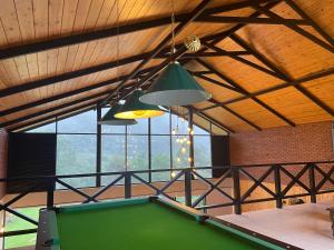 einen grünen Billardtisch in einem Zimmer mit Fenstern in der Unterkunft Rosewood Manor in Botiyatenna