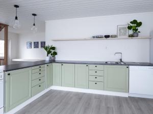 a kitchen with green cabinets and a counter top at Polar Panorama Lodge in Fjordgård +10 photos