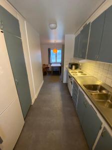 una cucina con armadi verdi e un lungo corridoio di Bonäs bygdegård a Mora