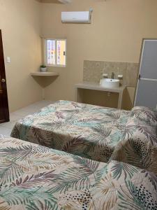 een hotelkamer met 2 bedden en een wastafel bij Casa de los abuelos in Salina Cruz