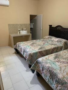 een hotelkamer met 2 bedden en een wastafel bij Casa de los abuelos in Salina Cruz