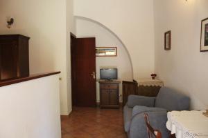 a living room with a couch and a tv at Agriturismo Il Capannone in Montemerano