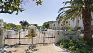 a fence in front of a building with a palm tree at Happy Home Rondebosch in Cape Town