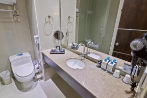 a bathroom with a toilet and a sink and a mirror at Sonesta Valledupar in Valledupar